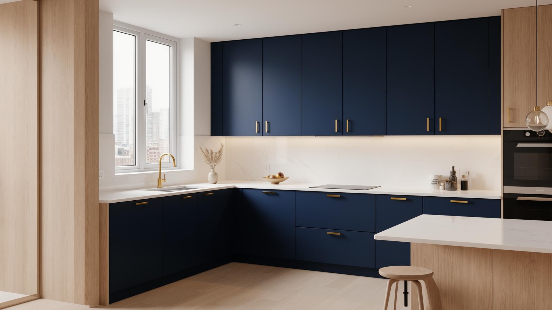 Modern apartment kitchen with deep navy cabinetry, white oak accents, brass hardware, and quartz counters